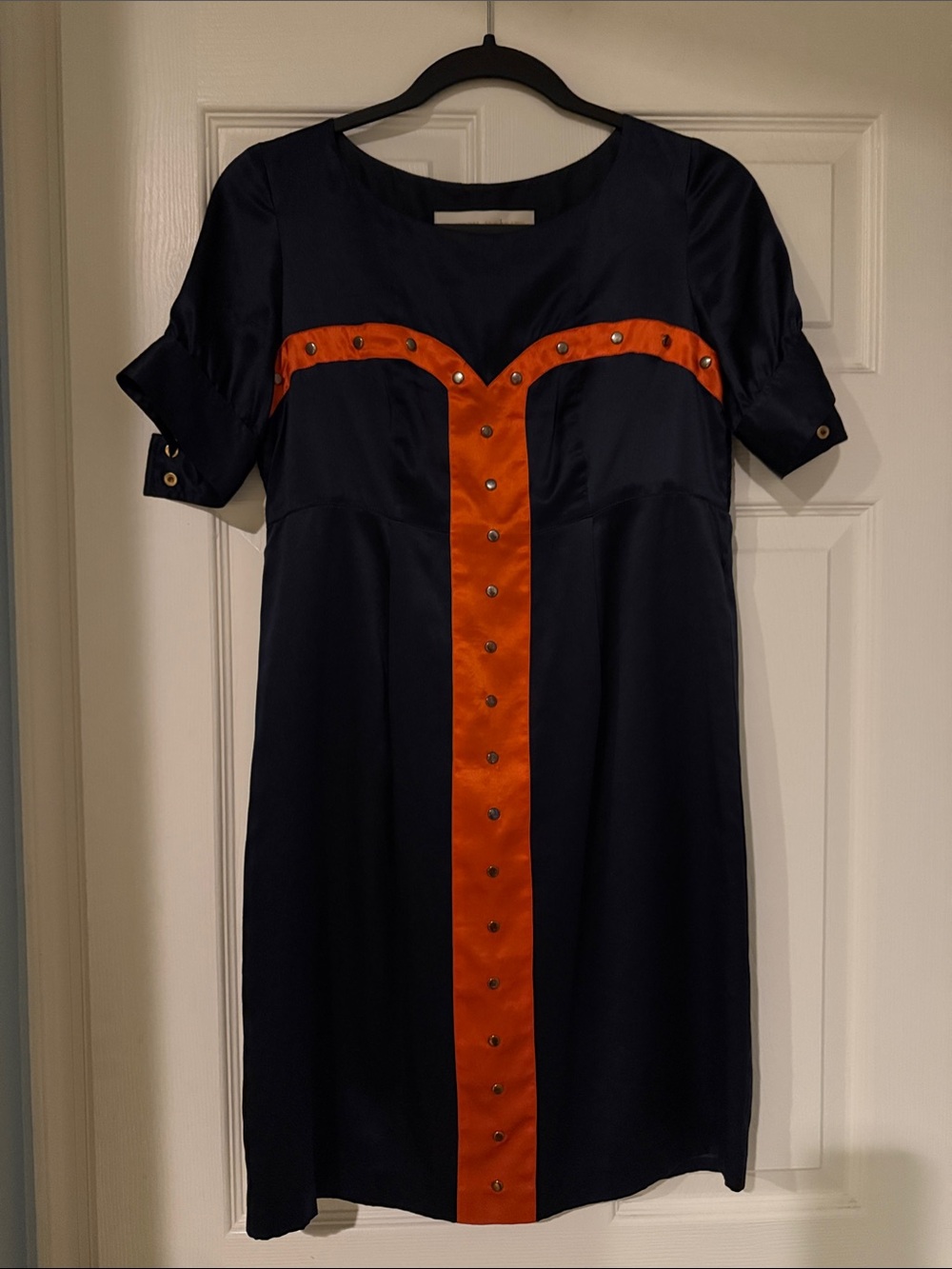 Navy Satin Midi Dress with Orange Trim sexy cute sassy sophisticated quite lux
